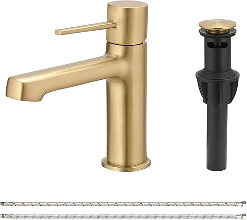 BWE Grifo de lavabo de baño de oro cepillado, 1 agujero, mango único, grifo mezclador comercial con tapón de drenaje desplegable y manguera de