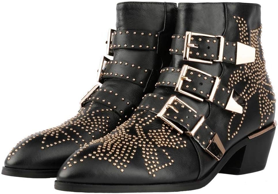 Arqa Women's Studded Ankle Boots Leather Multiple Buckle Chunky Heel Booties Almond Toe Zipper Punk Boot - Image 5