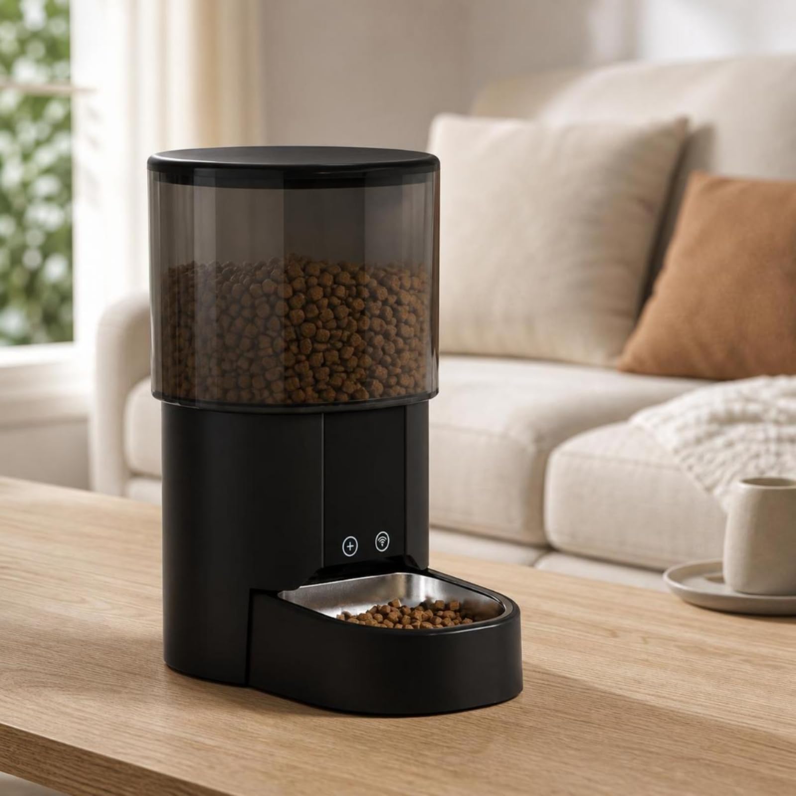 Distributore Automatico Cibo Regolabile | Smart, Mangiatoia Automatica con Ciotola in Acciaio Inox, Intelligente, Distributore Cibo con Ciotola in Acciaio, Nero Trasparente