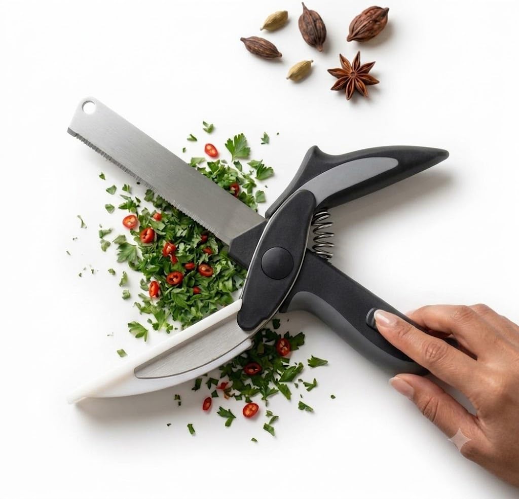 2-in-1 Clever Food Chopper and Kitchen Shears with Built-in Mini Cutting Board-image-45