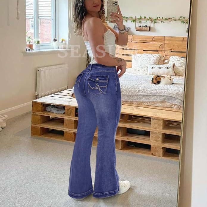 SEASUM Butt Lifting Bootcut Jeans Tummy Control Trendy Flare Leg Jeans for Women Casual Flap Pockets Denim Pants - Image 2