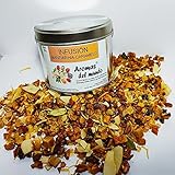 INGREDIENTES: Manzana, coco, papaya, caramelo (azúcar, leche condensada, pasta de azúcar, glucosa, grasa de palma, mantequilla, aroma natural)(6%), ciruela, aroma natural, piel de naranja, caléndula, cardamomo, higo, piel de mandarina (2%), granada.