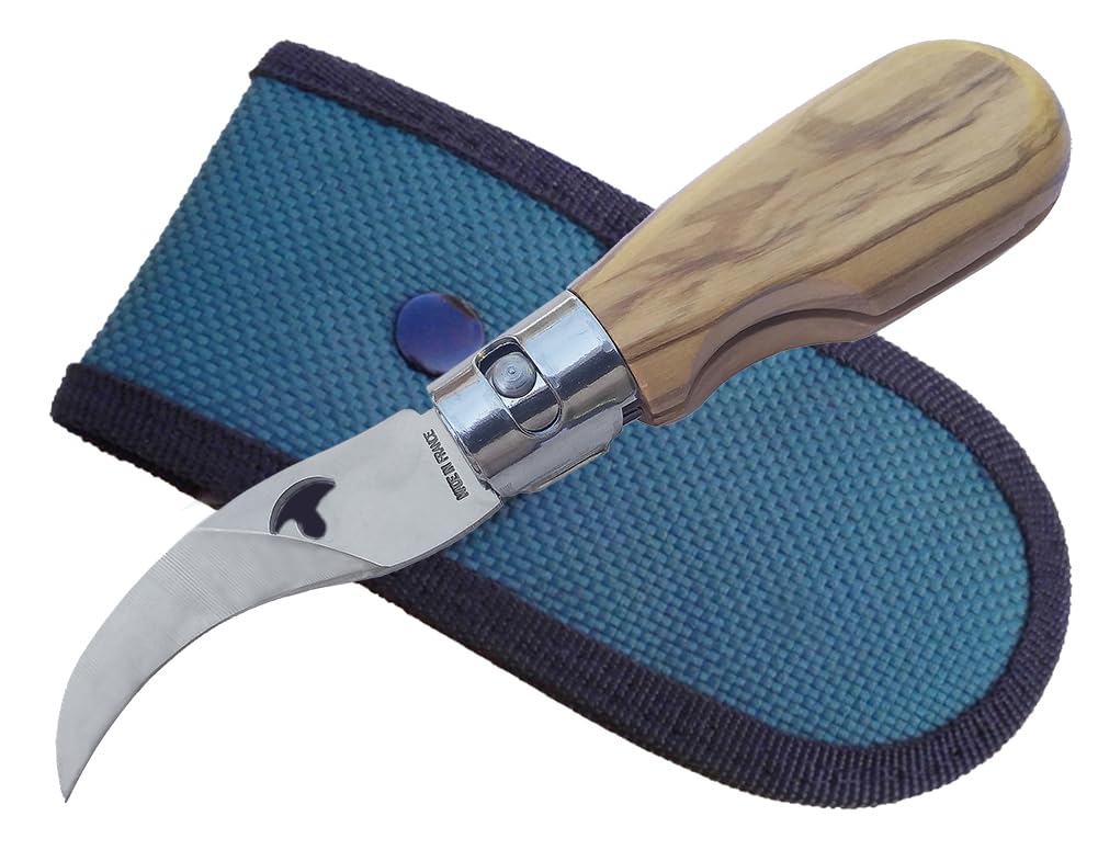 Tiendas LGP - Navaja Micológica para Recolección de Setas, Plegable, Hoja 6 cm. cierre de seguridad, Mango en madera de Roble, Rovellons, con Funda