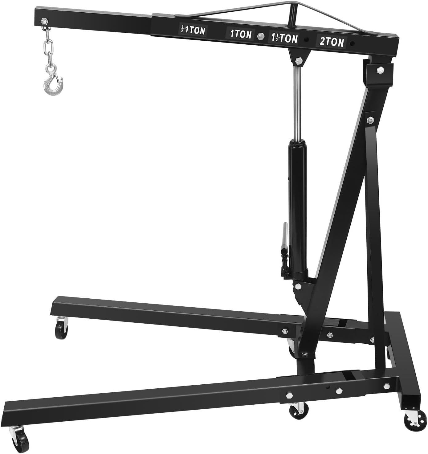 2T Hydraulic Engine Hoist, Folding Engine Crane with Six Universal Wheels and Hook, Welding Crane Folding Engine Hoist 4 Adjustable Positions 6.89ft Lifting Height for Workshops Black