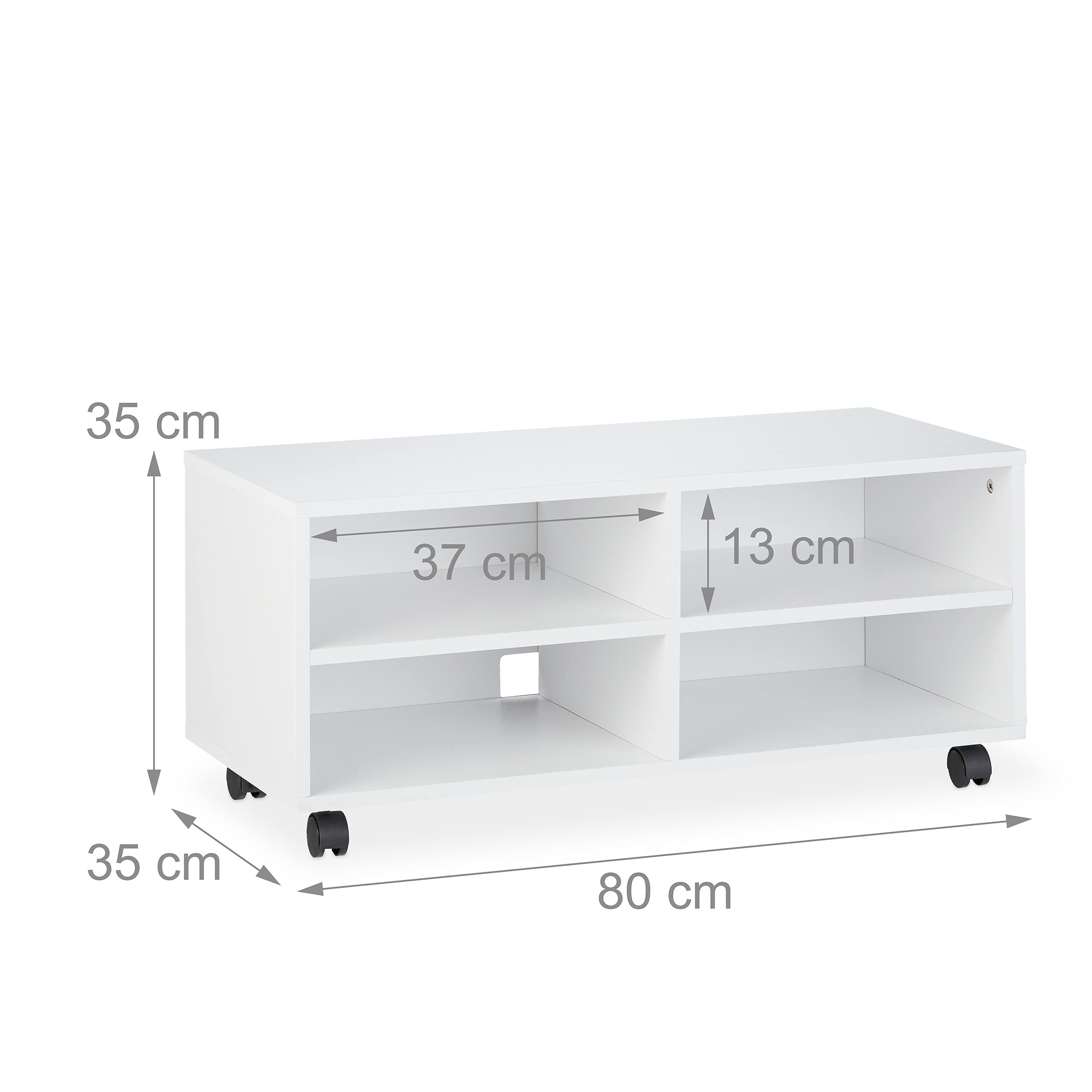 Relaxdays Mueble TV Ruedas con 4 Compartimentos, Mesa Televisión Salón, Tablero de Partículas, 35 x 80 x 35 cm, Blanco