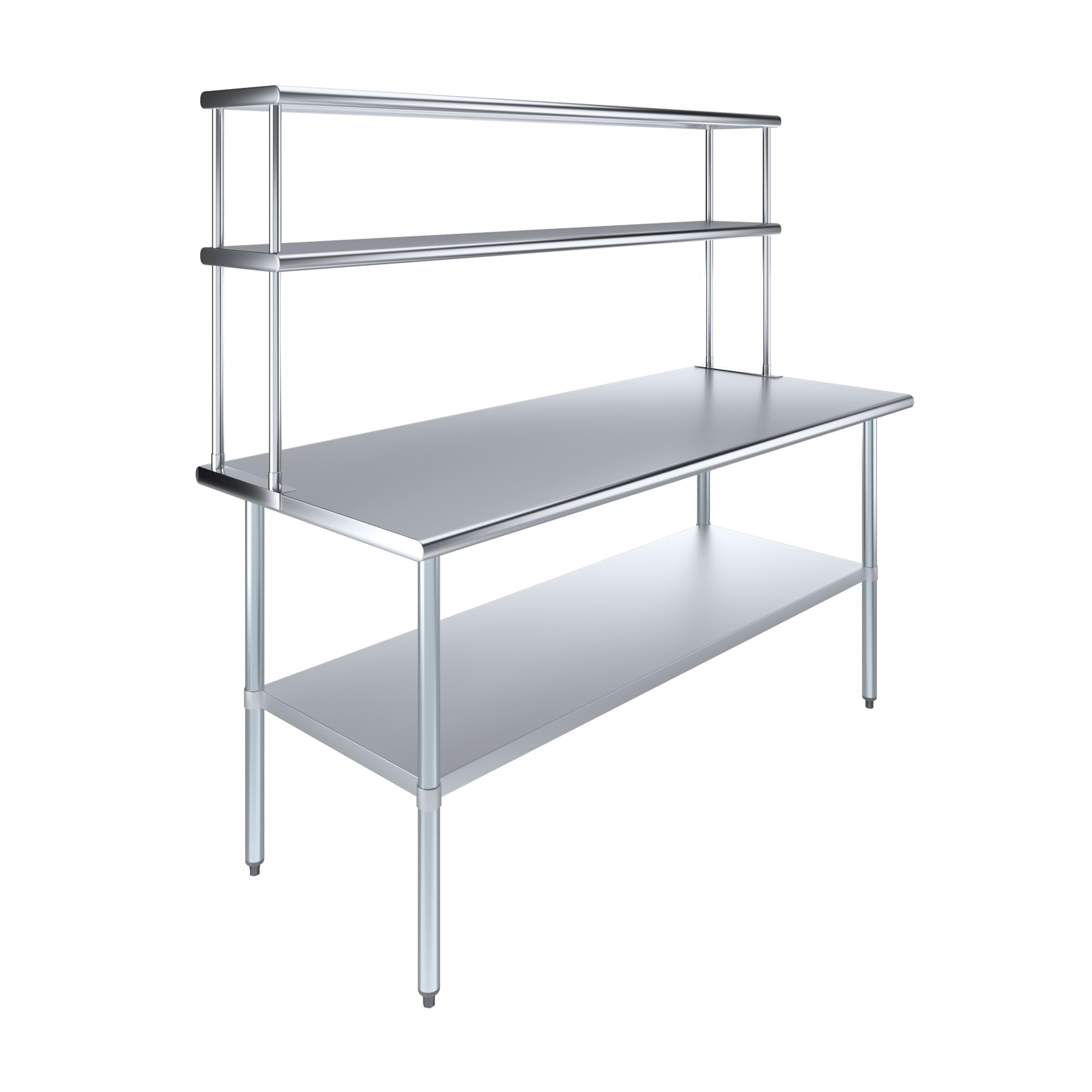 AmGood Stainless Steel Work Table with 12" Wide Double Tier Overshelf | Metal Kitchen Prep Table &amp; Shelving Combo | NSF (Stainless Steel Table with Double Overshelves, 72" Long x 30" Deep)
