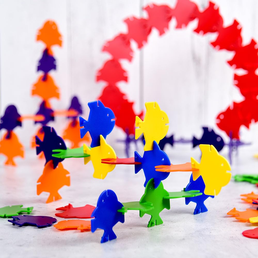 Constructive Playthings Linking Fish Connecting and Building Toys, Kindergarten Must Haves for Teaching 3D Design, Use for STEM Activities and Games, 240-Piece Playset, 18 Months & Older