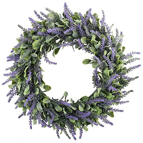 Zythrem Lavender Wreaths for Front Door 45cm/17.7 inch Spring Summer Door Wreath Purple Artificial Wreath All Season Wreath Decor Farmhouse Wreath for Door Window Wall Fireplace Home Wedding Decor