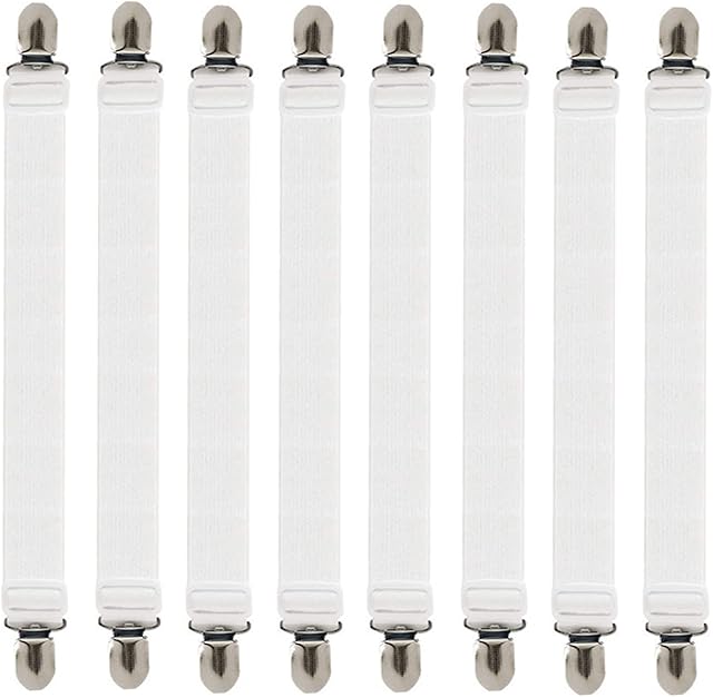 Bed Sheet Fasteners, 8Pcs Adjustable Bed Sheet Straps Elastic Sheet Clips for Bedding, Fitted Bed Sheet Grippers to Keep Your Sheets in Place,White