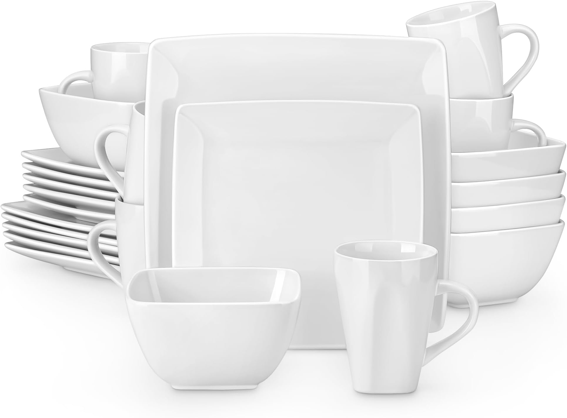 vancasso Soho 24 Piece Dinner Set, Square Plates and Bowls Set for 6, Stoneware Crockery Set with 10in Dinner Plates, 8in Dessert Plate, 810ml Cereal Bowls and 340ml Mug, White