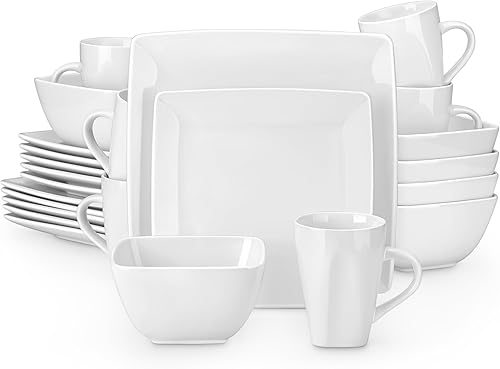 vancasso Soho Juego de Vajilla de 24 Piezas, Juego de Mesa Cuadrado de Gres Blanco, Plato de Cena, Plato de Postre, Juegos de Tazas y Platos para