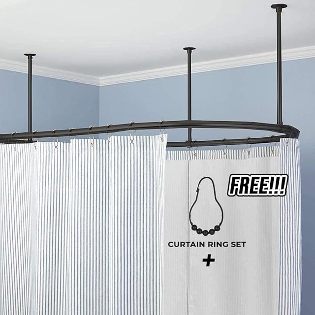 Zamuna Traditional Large Stainless Steel Oval Shape (Free Curtain Rings) Ceiling Mounted Black Matt Shower Curtain Rail, Oval Bath Oval Anthracite rod 1500 x 700 mm