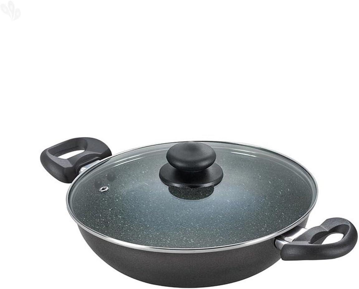 Omega Deluxe Granite 100% PFOA Free Non Stick Kadahi Deep Stir Fry Pan/Wok with Glass Lid New German technology Metal Spoon Friendly, Dishwasher Safe for Gas and Induction Cook tops, 9.5 Inch (medium)