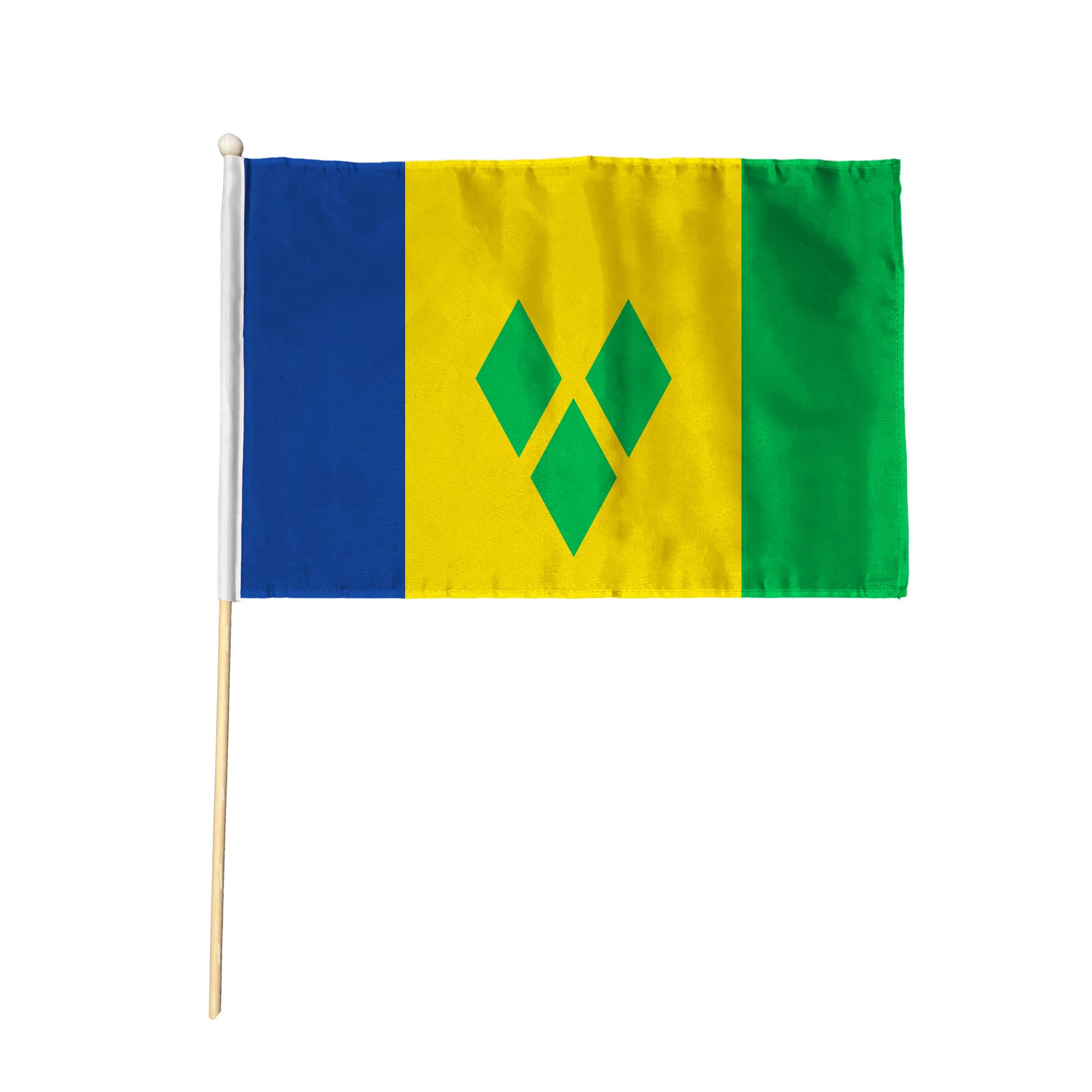 Flagtex Saint Vincent and Grenadines Pack of 2 Hand Waving Flag (18x12 Inch Large) - Premium Wooden Stick Hand Flag Big Size Natural Wood Pole Caribbean Three Diamonds Flag Events