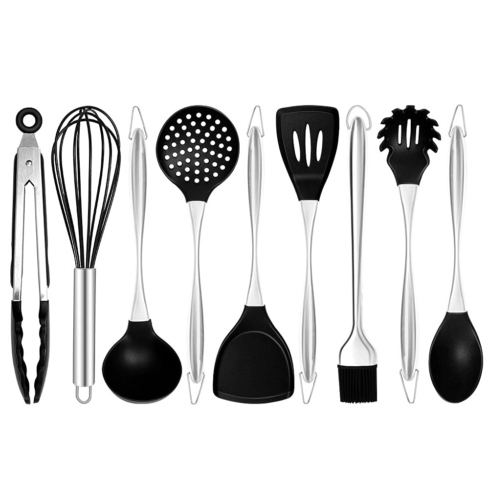 MYUYEE Kitchen Utensils Set,Silicone Spatula Kitchenware Set Stainless Steel Handle Kitchen Turner Cooking Utensils Utensil Baking Tool Kit Spoon (9Pcs)