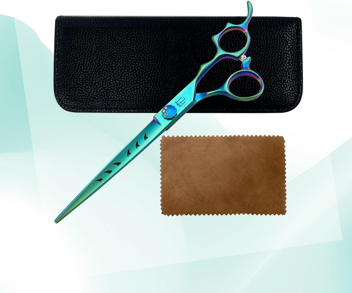 Dog Grooming Scissors: 7" Straight Pet Shears Skeletonized blade Made Of Japanese 440C for Trimming Dogs Cats and Other Pets Green (Straight G, 7")