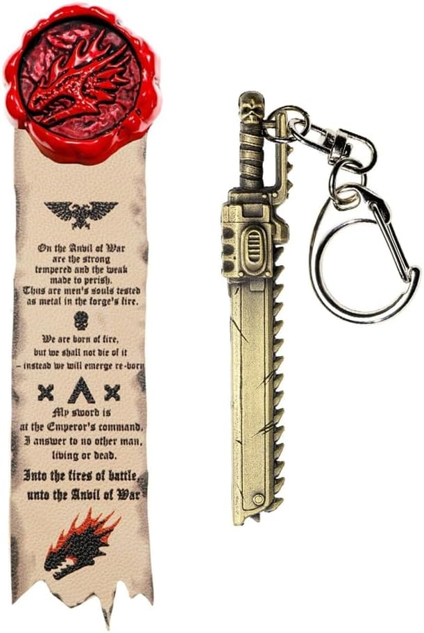 Warhammer 40K Purity Seal Salamanders Pin Badge/Sticker & Chainsword Keychain Keyring Set