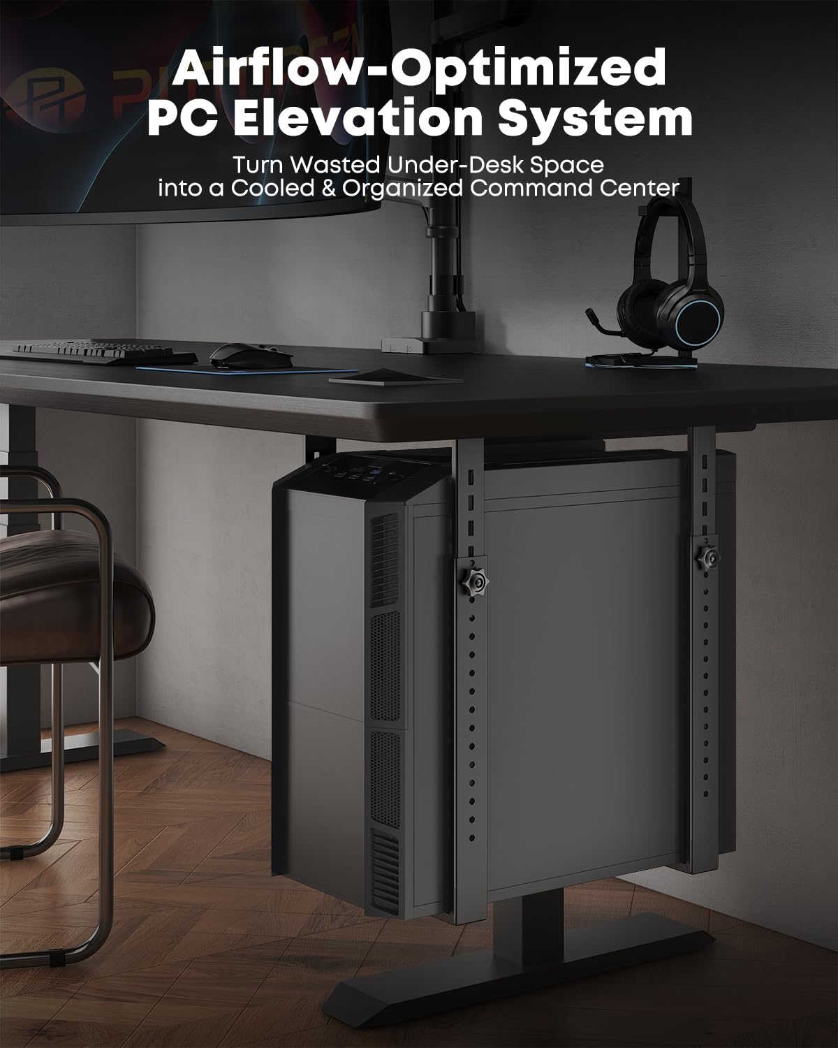 PUTORSEN Soporte de PC para debajo del escritorio para cajas de torre completa/media, soporte vertical u horizontal de CPU de hasta 75 libras, estante de computadora que ahorra espacio para ATX