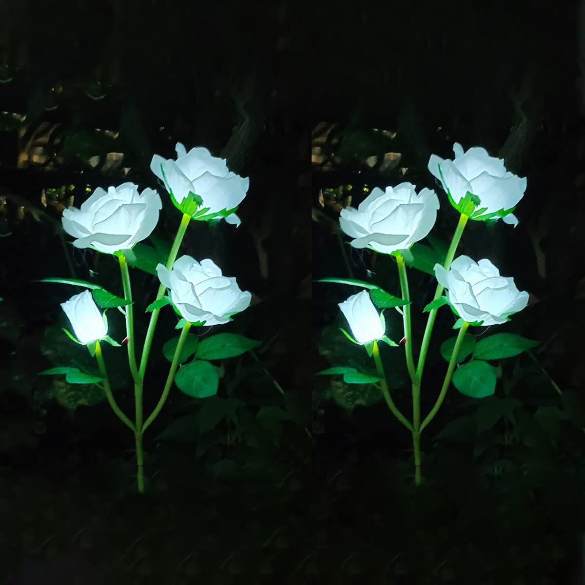 Solar Garden Stake Lights, 2 Pack Outdoor Solar Powered Rose LED Lights with 4 Rose Flowers, Waterproof Solar Decorative LED Lights for Garden, Patio, Backyard (White)