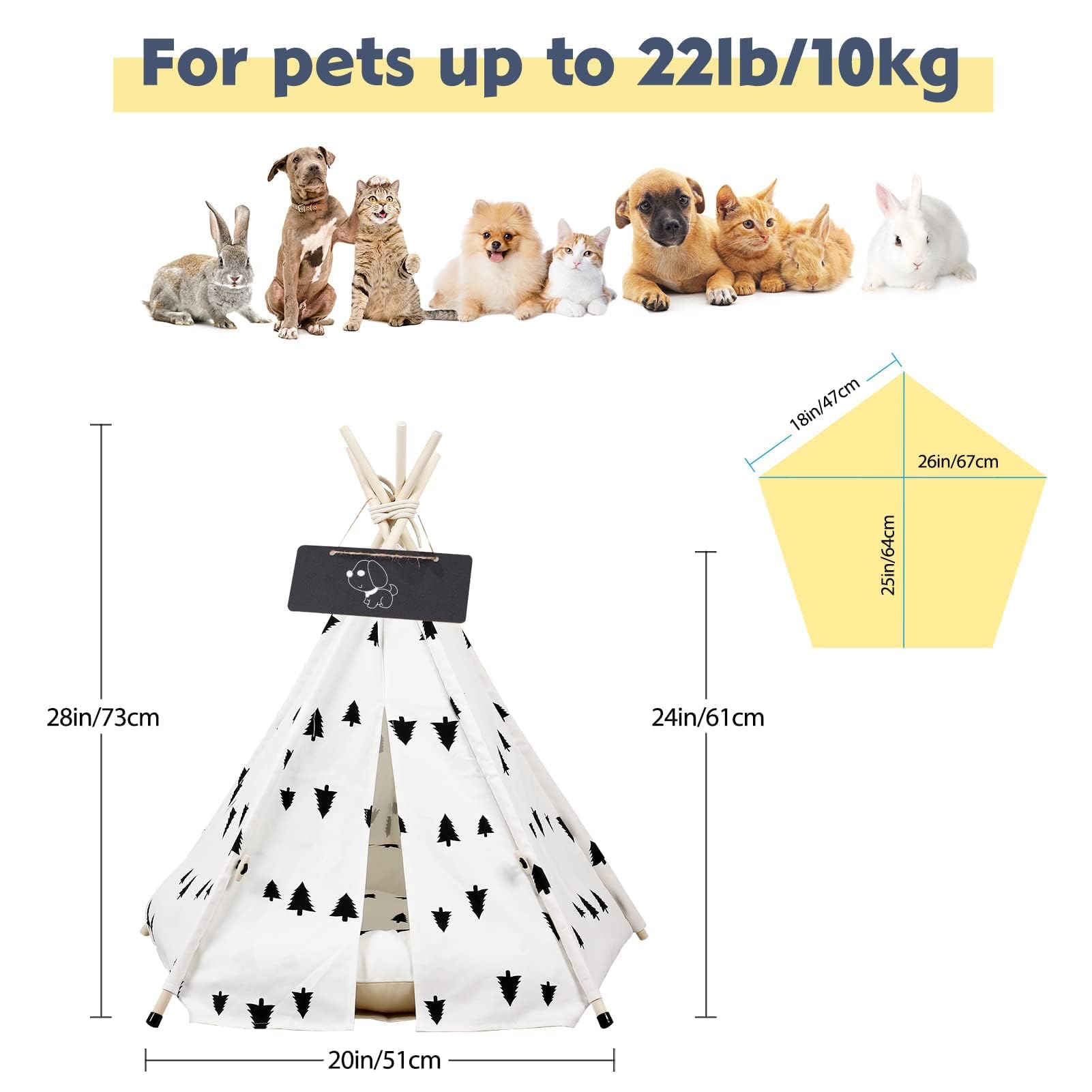 Tente tipi pour chien et chat avec coussin antidérapant Motif arbre amovible et lavable 50 x 50 x 60 cm
