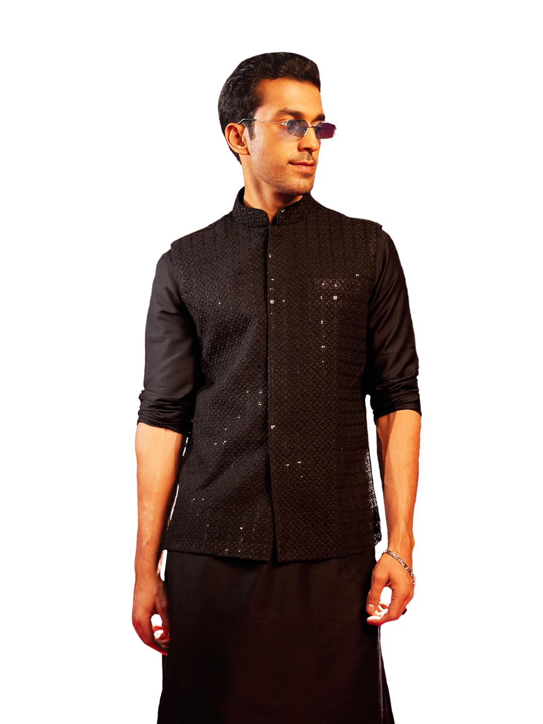vastramay Men's Black - Nehru Jacket, Rayon Sequined Embroidered Nehru Jacket For Men, Traditional Indian Festive & Ethnic Wear-picture-28