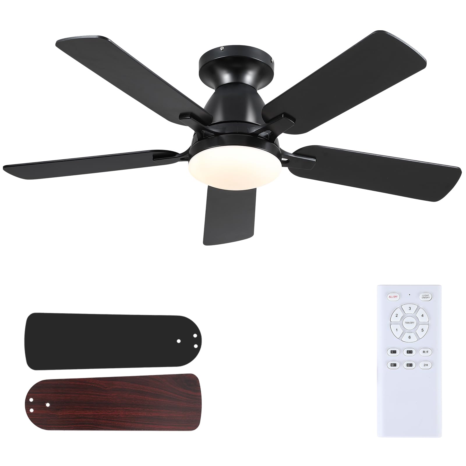 Ceiling Fans with Lights and Remote, 46 Inch Flush Mount Low Profile Ceiling Fan with Light, Black Ceiling Fan for Bedroom Living Room, Quiet DC Motor, Reversible, Dimmable LED, Black