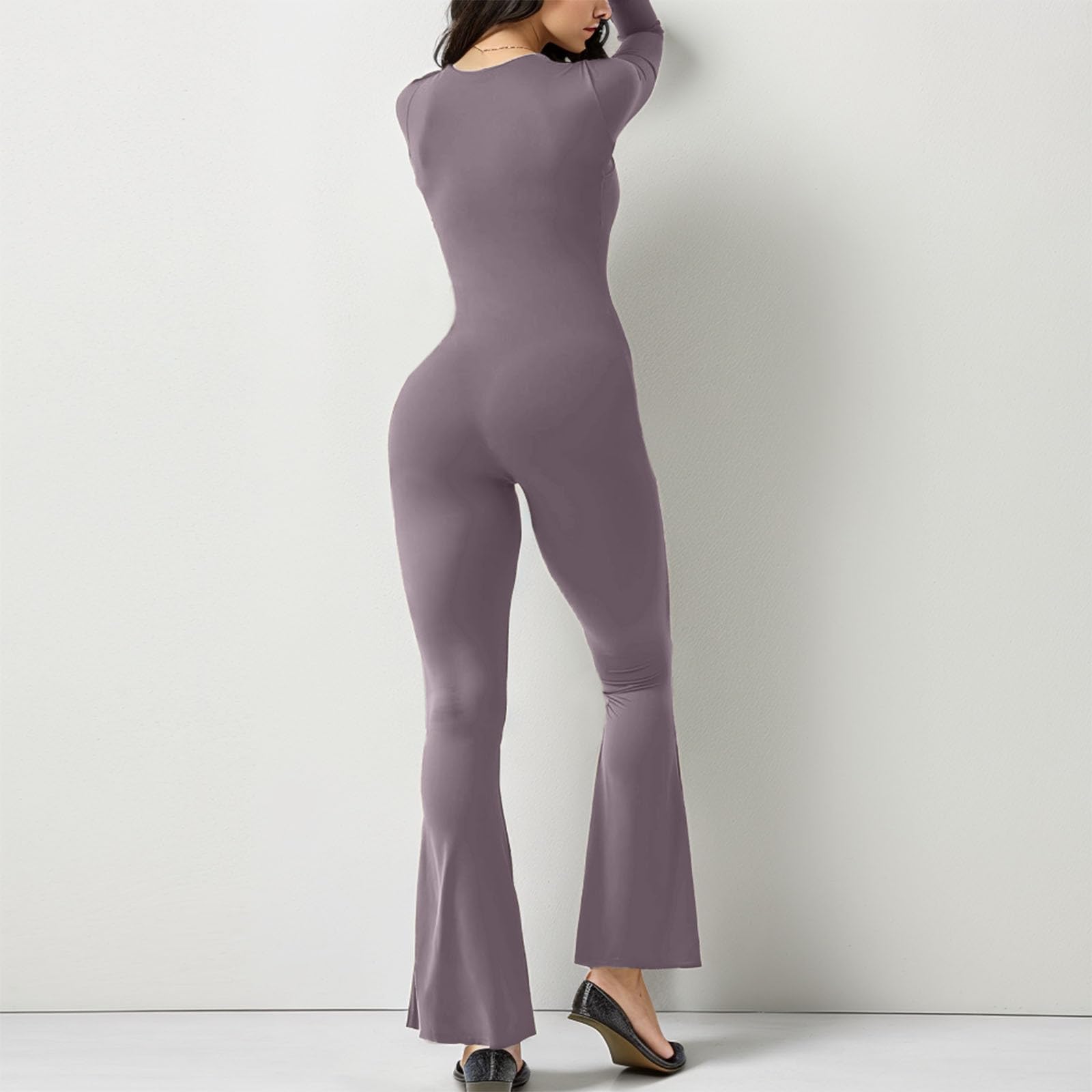 hixswnu Damski kombinezon z długim rękawem kwadratowy dekolt szeroka nogawka wysoki elastyczny kombinezon seksowny bodycon casual unitard stroje treningowe jesień moda 2023