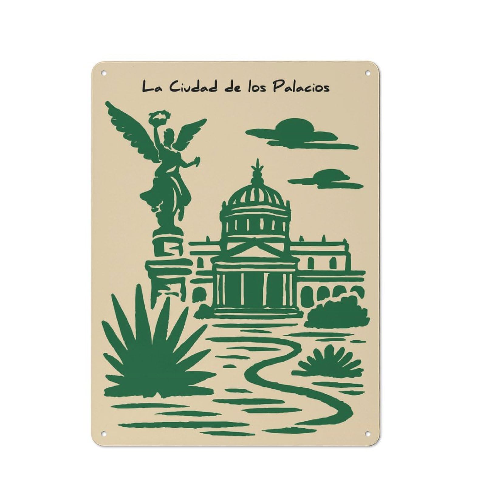 Junmoney Style-14 Tin Wall Plaque 40X30cm With Angel Of Independence And Palacio De Bellas Artes For Hallway Wall, A Decorative Metal Sign For Hallways And Entrance Areas