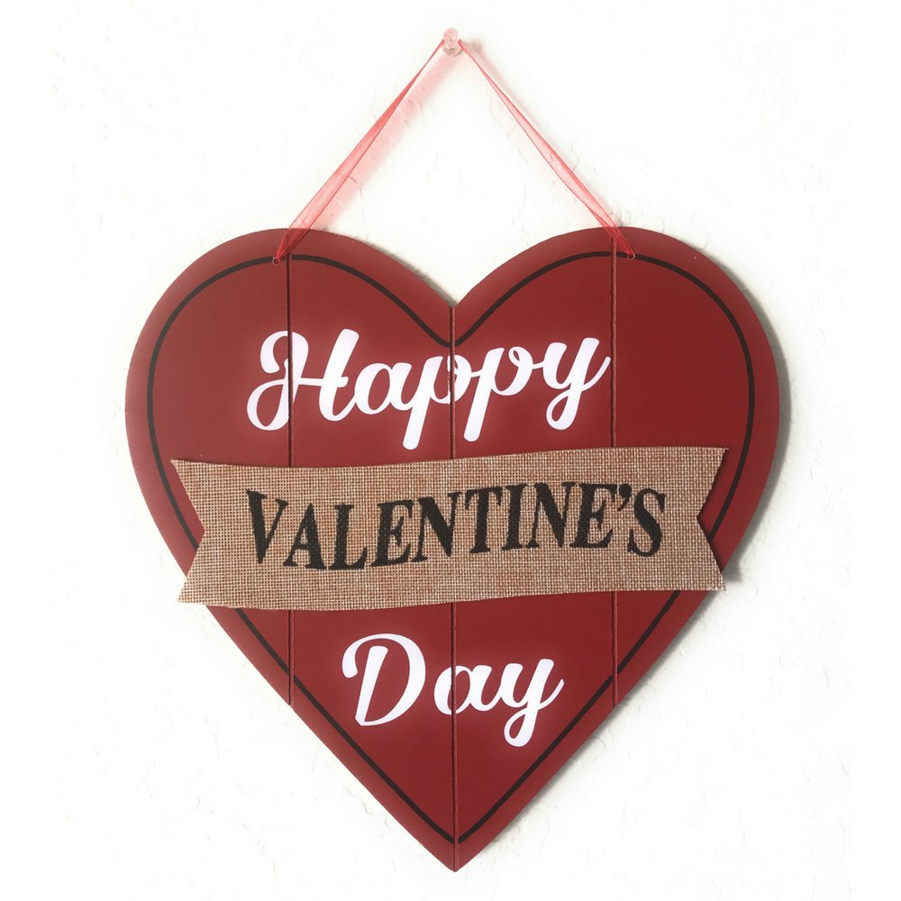 Happy Valentine's Day Heart Wooden Wall Decoration, Heart-shaped Red Wood & Burlap Decor, Valentine's Hanging sign Door Decor, Love Plaque Valentine's Day Door Decor, 11.5 x 11.5 in (Original Version)