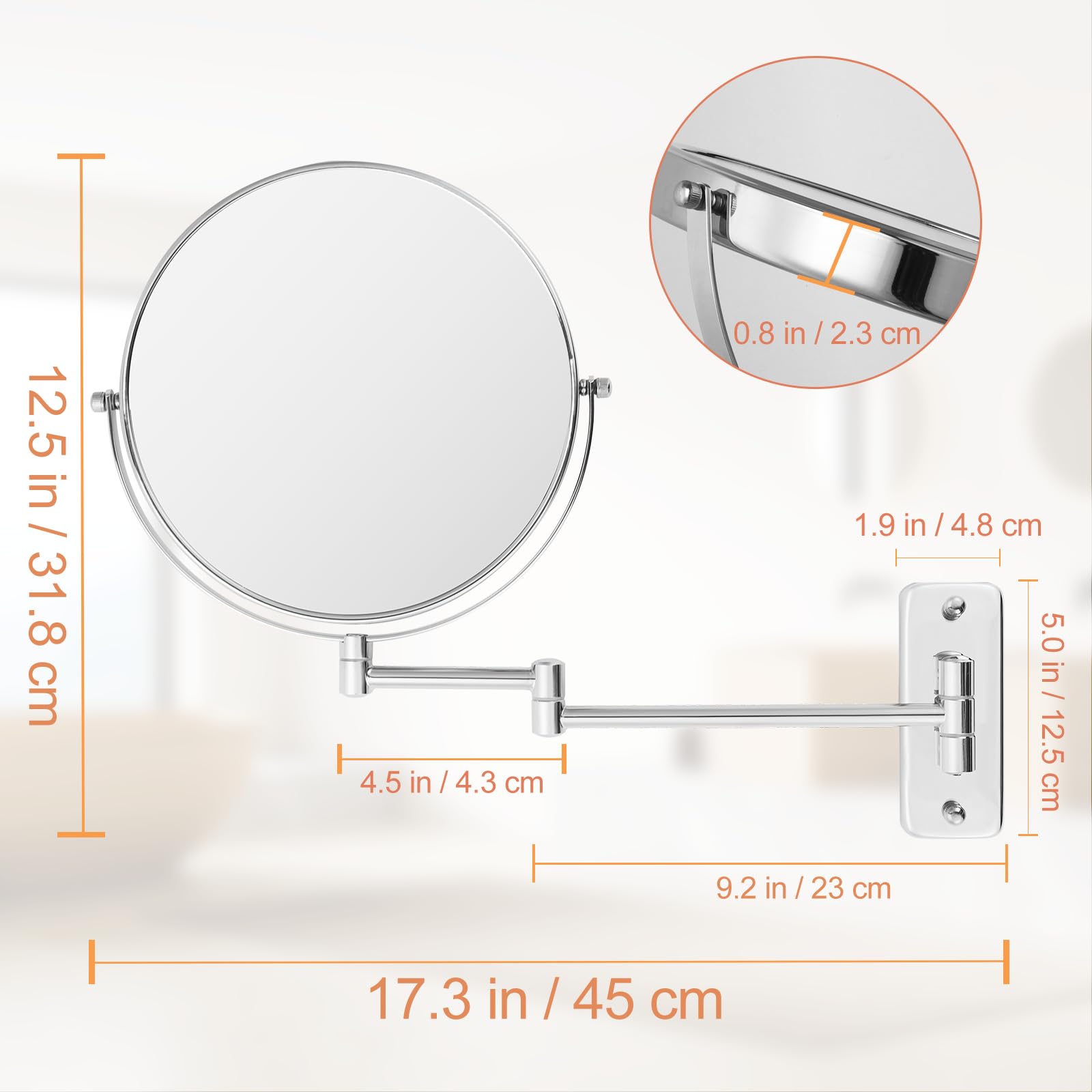 8 Zoll Kosmetikspiegel Wandmontage - 1X/10X Vergrößerungsspiegel Rasierspiegel, 360° Schwenkbarer Schminkspiegel mit Ausziehbarem Arm, Ideal für Make-Up, Rasur und Pflege, Chrom (Ohne Licht)
