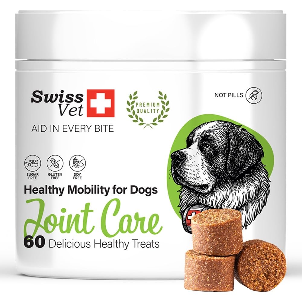SwissVet Articulation Chien - 60 Friandises Glucosamine, Chondroïtine, MSM & Collagène - Soutien Mobilité, Arthrose & Douleurs - Vitamines C & E - pour Vieux Chiens & Chiots - Poil & Articulations