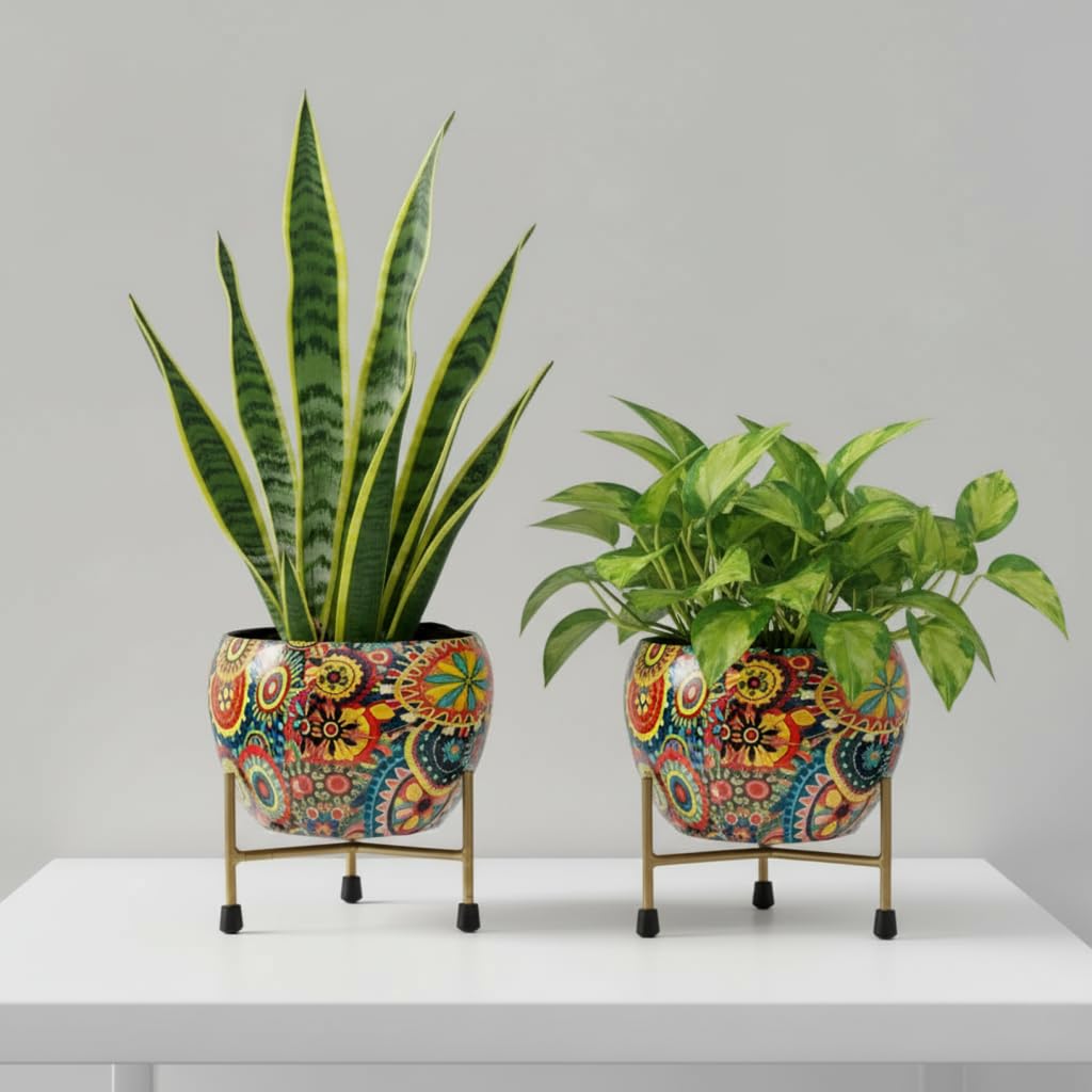 Colorful Planters with Metal Stand | Decorative Flower Pots for Indoor Plants, Snake Plant & Money Plant | Designer Pot Set for Home & Office Décor | Boho Style Pots (Set of 2) (Mandala Fushion)-image-39