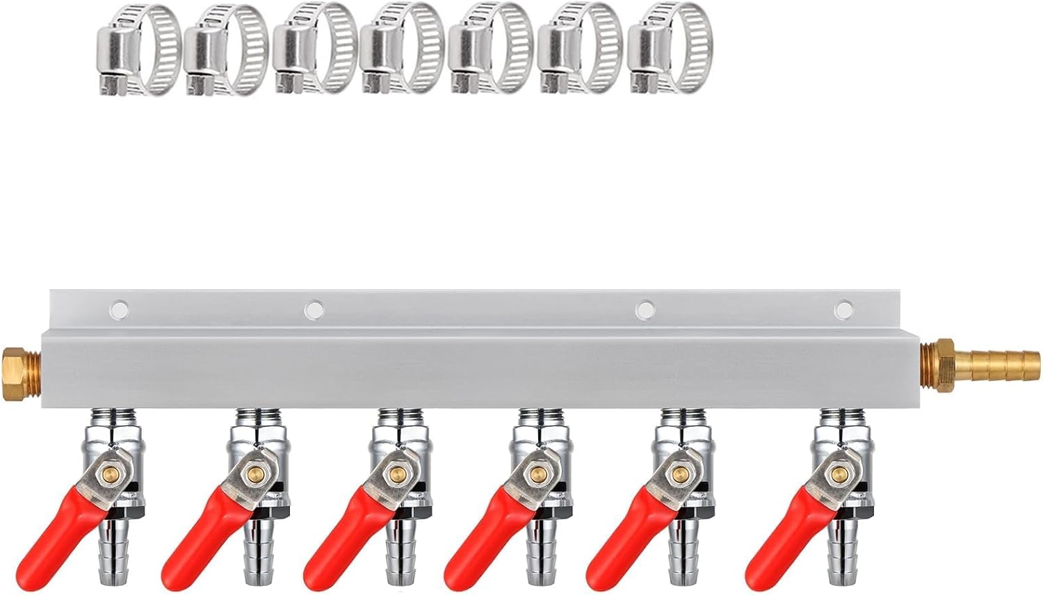 MRbrew Gas Manifold CO2 Gas Distributor, 5/16'' Barb Fitting Beer Kegerator Splitter, 6-Way Air Distributor with Integrated Check Valves & Hose Clamps