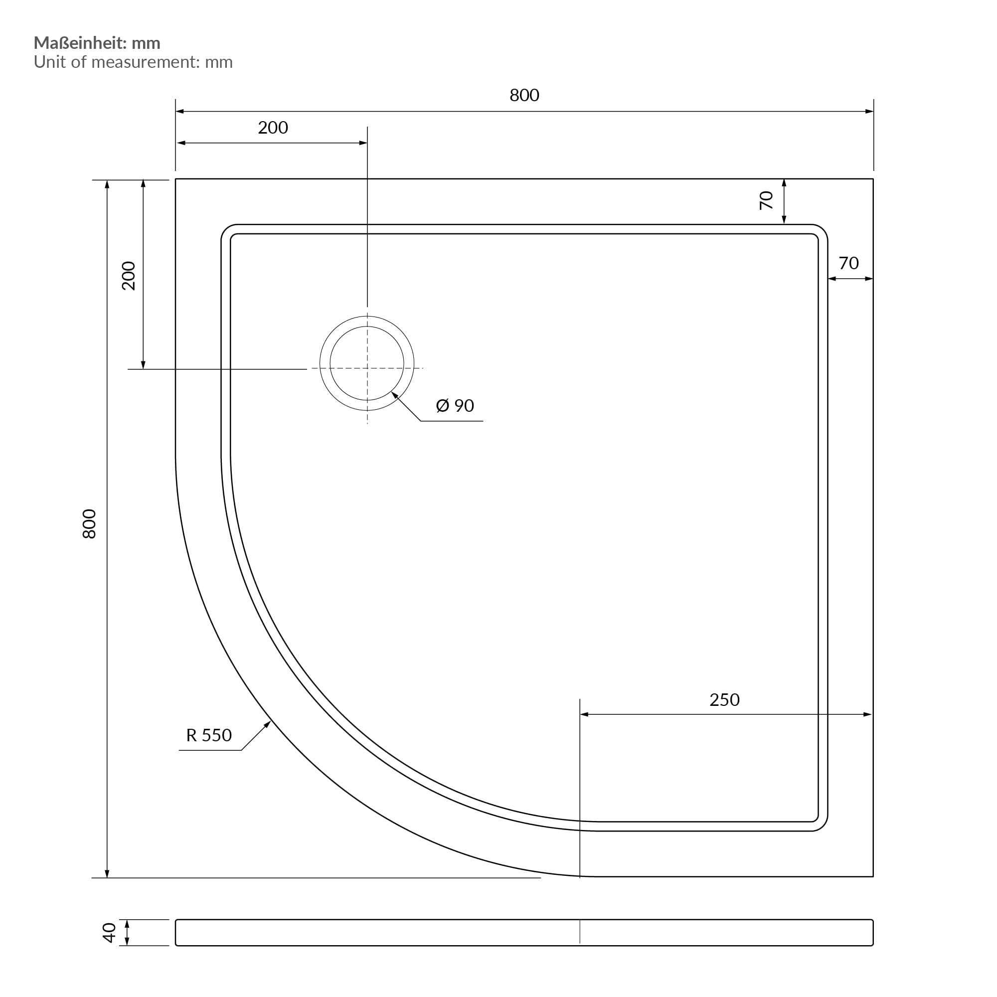 LuxeBath Piatto Doccia Semicircolare 80x80 cm Slim, Salvaspazio, in SMC, Ultra Piatto, Altezza 40 mm, Bianco, Raggio 55 cm, con Piletta e Sifone, Gruppo di Scarico Completo 3 Modalita di Installazione