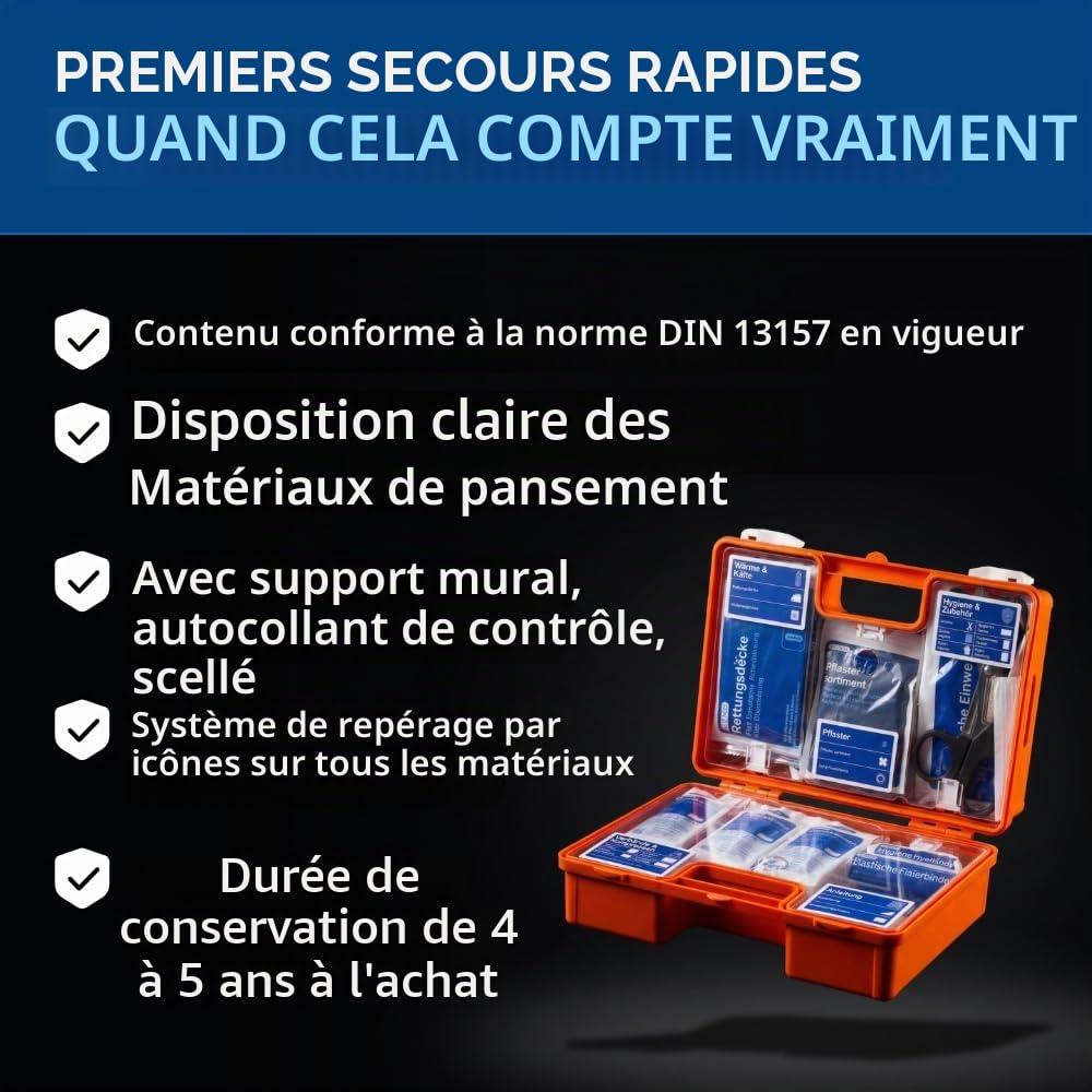 Mallette de premiers secours pour les entreprises avec contenu conforme à la norme DIN 13157 Boîte de premiers secours remplie avec support mural Orange