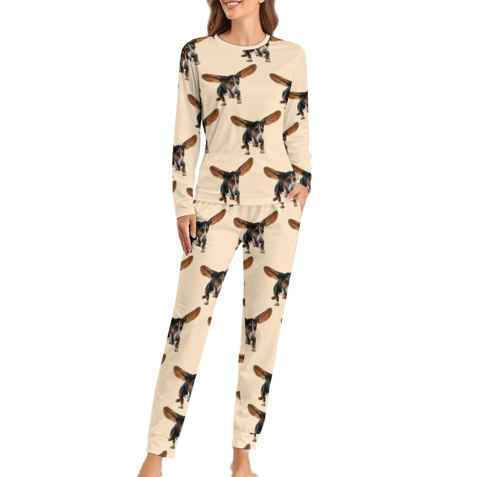 Kwqdozf Women's As Pic Basset Hound Dog Pajamas Set 2 Piece Loungewear Soft Long Sleeve Sleepwear