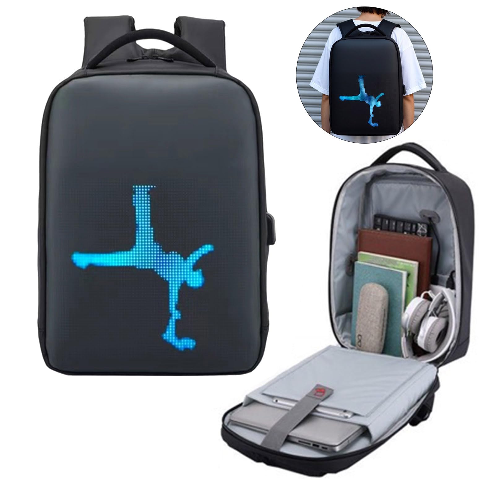 Mochila LED de alimentación USB para desplazamientos, pantalla de viaje, tela ergonómica, reflectante, espaciosa, interior impermeable, mochila LED para laptop, personalizable