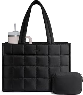 LOVEVOOK Puffer Tote Bag for Women: Lightweight 15.6" Laptop Purse, Quilted Shoulder Bag for Nurses Teachers Office Gym Travel, Black