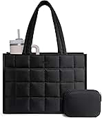LOVEVOOK Tote Bag for Women, Puffer Work Handbag 15.6 Inch Laptop Purse for Nurse Teacher, Large Quilted Travel Tote Shoulder Bag with Zipper for College Office Clinical Gym, Black