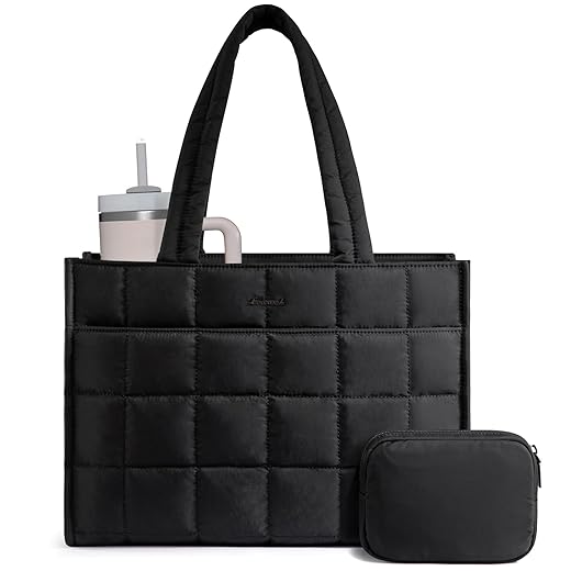 LOVEVOOK Tote Bag for Women, Puffer Work Handbag 15.6 Inch Laptop Purse for Nurse Teacher, Large Quilted Travel Tote Shoulder Bag with Zipper for College Office Clinical Gym, Black