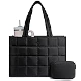 LOVEVOOK Tote Bag for Women, Puffer Work Handbag 15.6 Inch Laptop Purse for Nurse Teacher, Large Quilted Travel Tote Shoulder Bag with Zipper for College Office Clinical Gym, Black