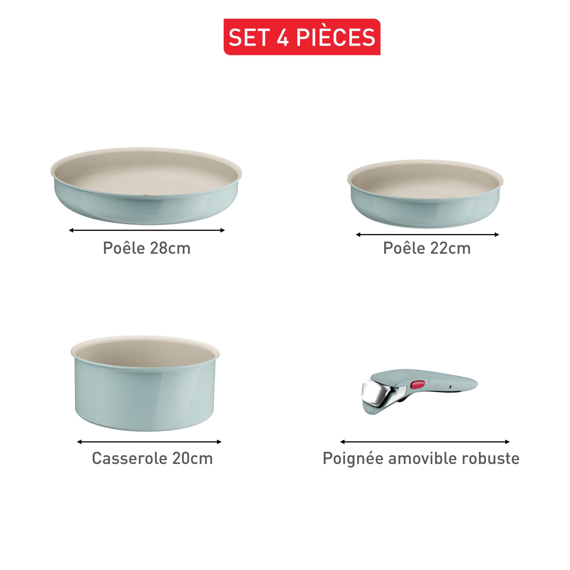 Tefal Ingenio Serenity, Batterie de cuisine 4pièces, Revêtement antiadhésif, Poignée amovible sécurisée, Design empilable, L828S404 EUCALY
