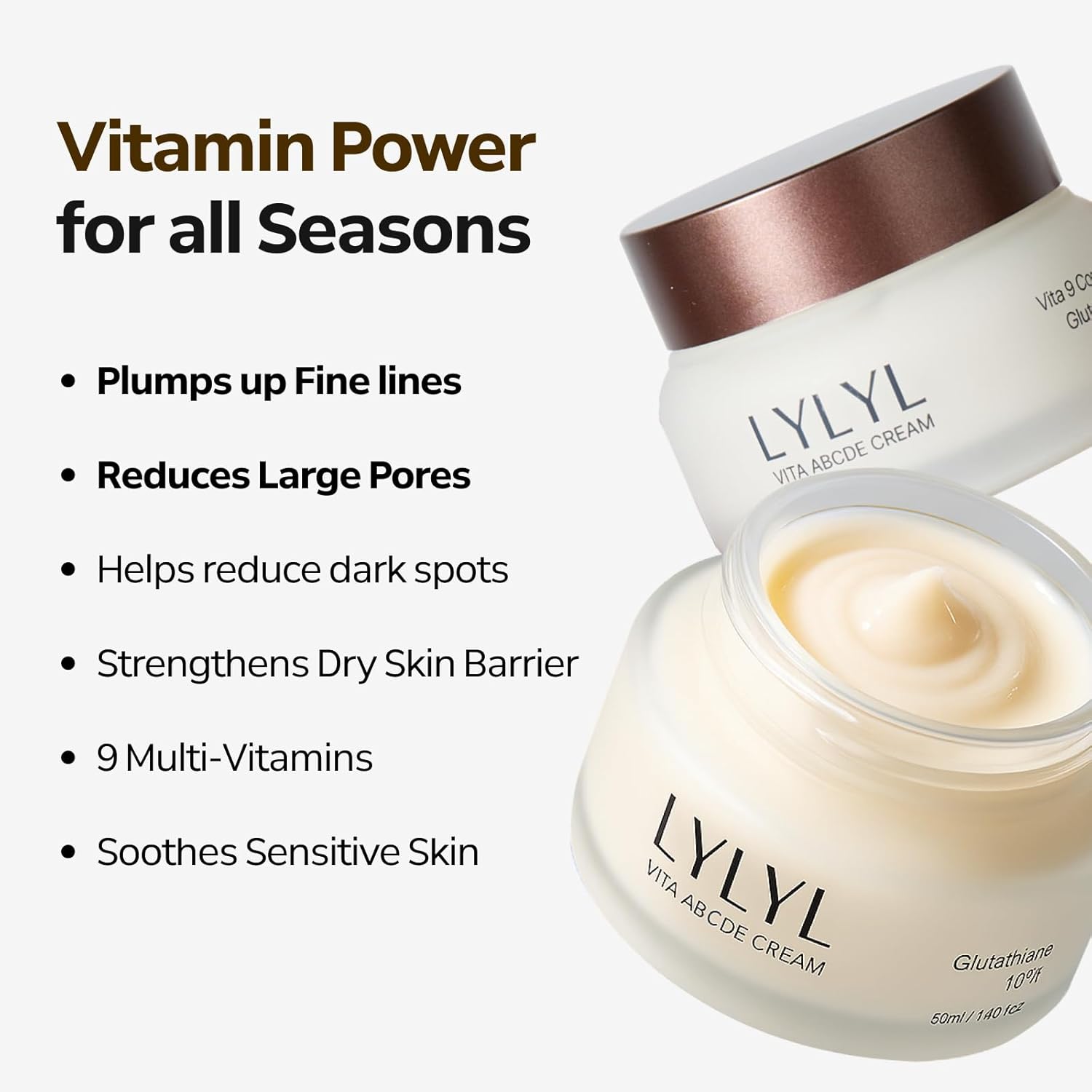 Vita ABCDE Cream, Vita 9 Complex, Glutathione & HPR, Ceramide for Moisture, Niacinamide 20,000pm, Panthenol for Skin Barrier, Light and fresh texture, Skin Irritation 0.00, Korean Skincare, 50ml