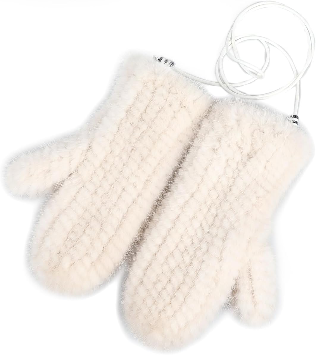 Genuine Mink Fur Knitted Mittens, Soft Winter Cold Weather Gloves with Removable Rope String