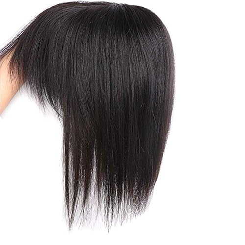 Extensiones de cabello humano real con clip con flequillo, peluca para cabello fino para mujer (12 pulgadas, marrón oscuro)