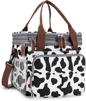 Lunch Bag for Women Men Expandable Double Deck Lunch Box Large Lunch Bags Leakproof Insulated Reusable Lunch Cooler BagCow Print
