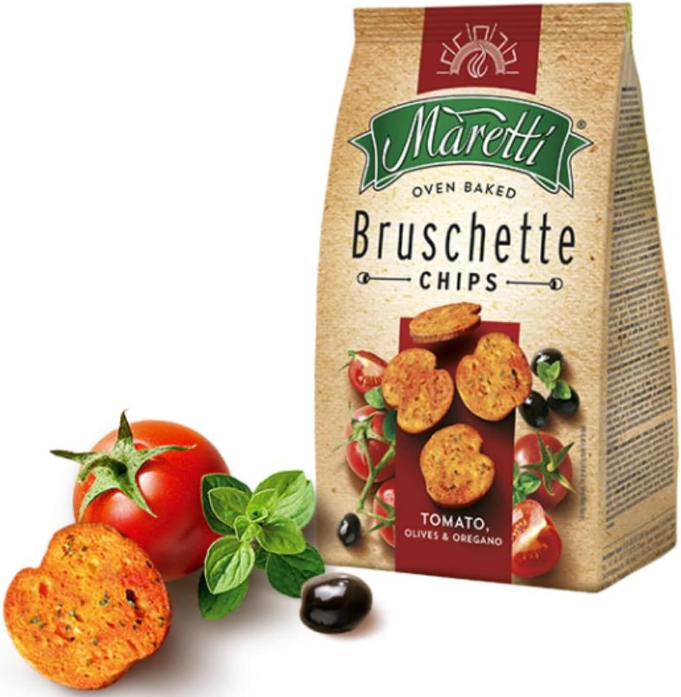 Maretti Oven Baked Bruschette Chips Tomato, Olives & Oregano, 70 grams