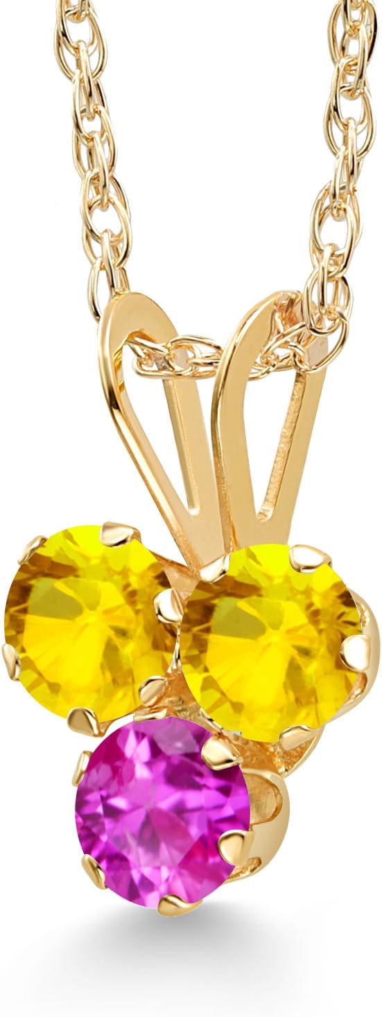 Gem Stone King 14K Yellow Gold Yellow Sapphire and Pink Sapphire 3-Stone Pendant Necklace For Women (0.40 Cttw, Gemstone September Birthstone, Round 3MM, 18 Inch Chain) - Image 2