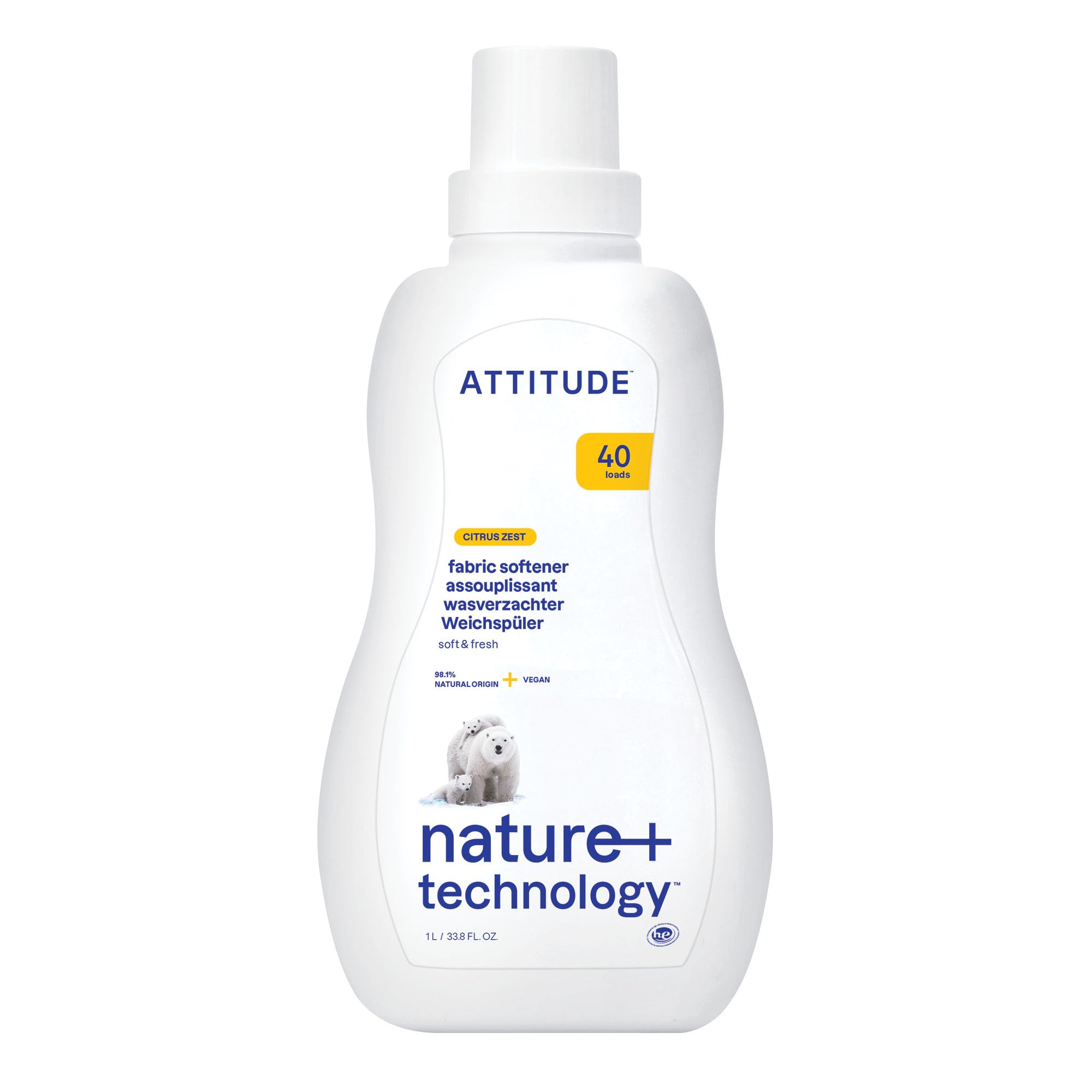 ATTITUDE Liquid Fabric Softener, Plant-Based & Vegan, HE Compatible, Naturally Derived, Citrus Zest Scent, 40 Loads, 1 Liter