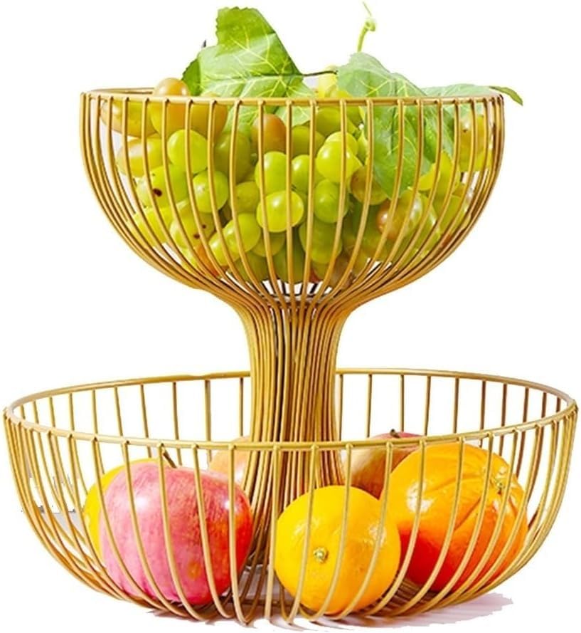 Cesta de frutas grande de metal de 2 niveles, soporte de almacenamiento de encimera de cocina de doble capa para frutas, verduras, pan y aperitivos, organizador de malla decorativo